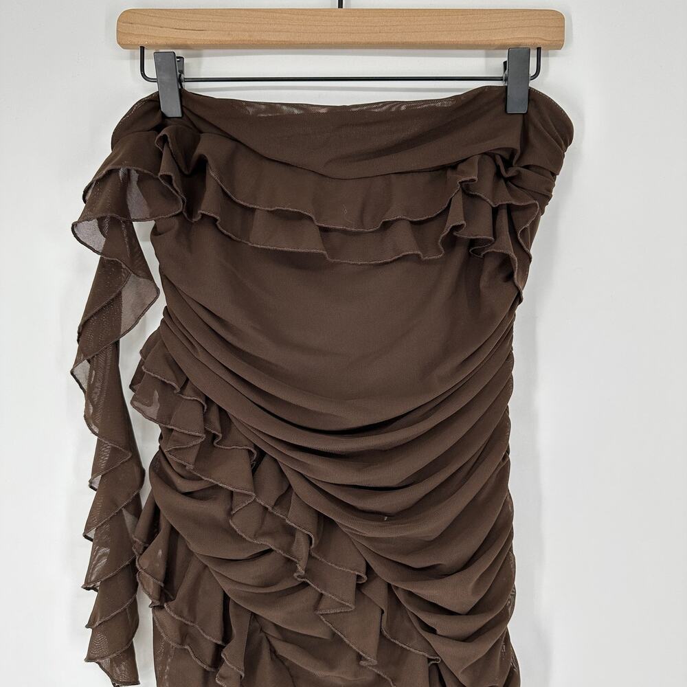 Rare London Mocha Brown Strapless Bandeau Ruffle Detail Mini Dress Womens US 8 - Picture 6 of 12